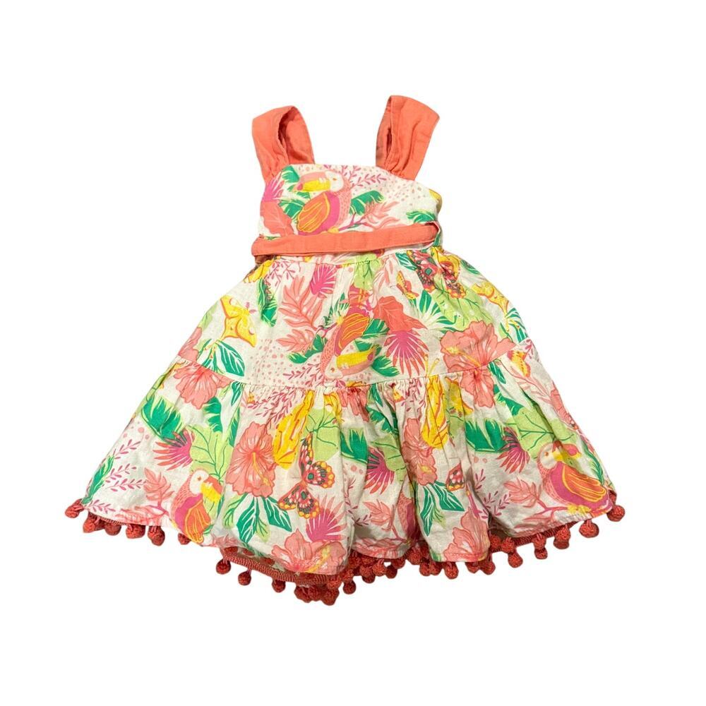 Tommy Bahama Baby Tropical Toucan Floral Pom Trim Dress 12M Island Vacation